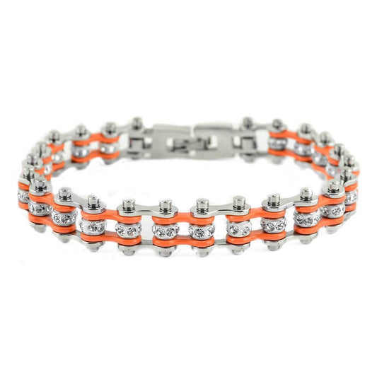 3/8" Wide MiniTwo Tone Silver Orange with White Crystal Centers Stainless Steel Motorcycle Bike Chain Bracelet
