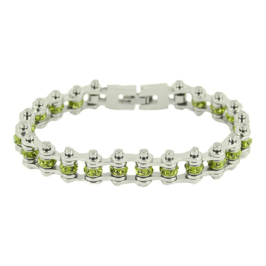August Edition 3/8" Wide All Silver Peridot Imitation Crystal Centers Bike Chain Bracelet