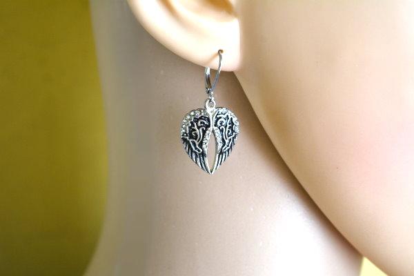 Wing Bling Earrings Lever Back Imitation Diamonds Stainless Steel