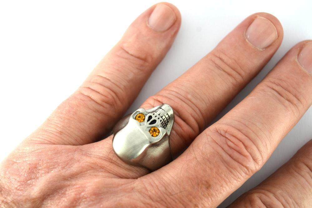BRUSHED FINISH Ring Imitation Topaz Eyes Stainless Steel Solid Inside