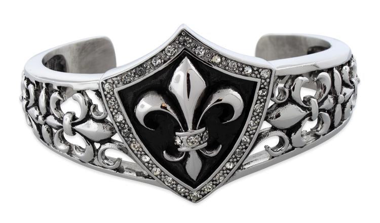 Stainless Steel Fleur de lis Cuff Bangle Bracelet w/ CZ