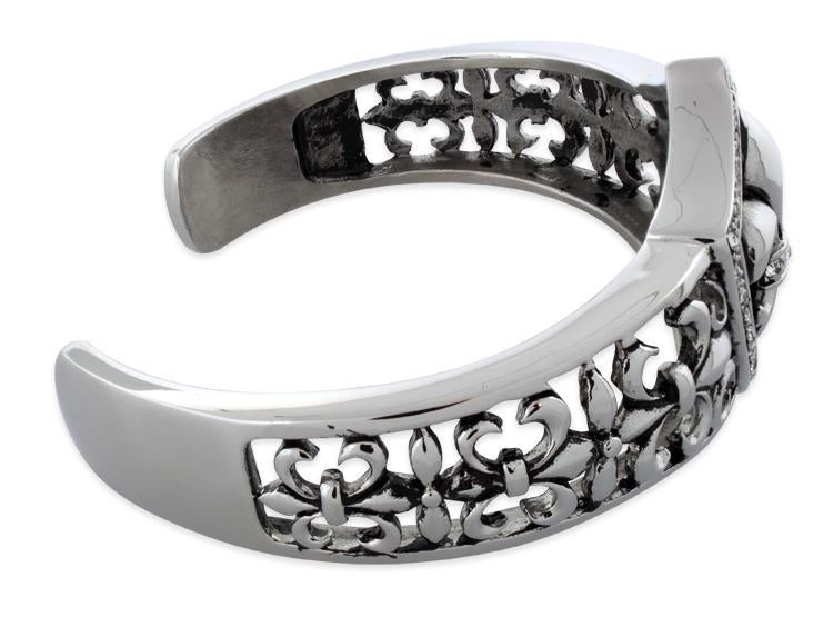 Stainless Steel Fleur de lis Cuff Bangle Bracelet w/ CZ