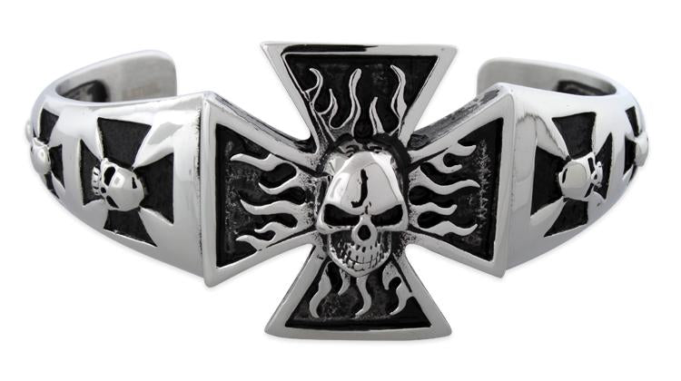 Stainless Steel Iron Cross Flaming Skull Bangle Bracelet