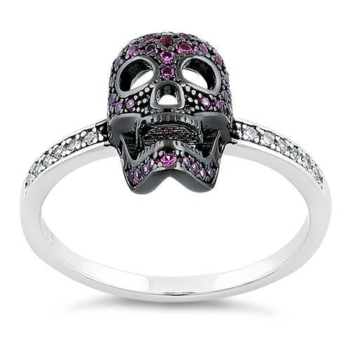 Sterling Silver Black Rhodium Two Tone Ruby CZ Skull Ring