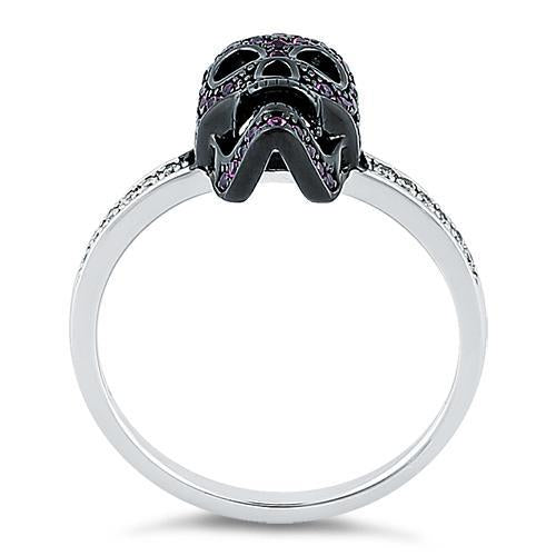 Sterling Silver Black Rhodium Two Tone Ruby CZ Skull Ring