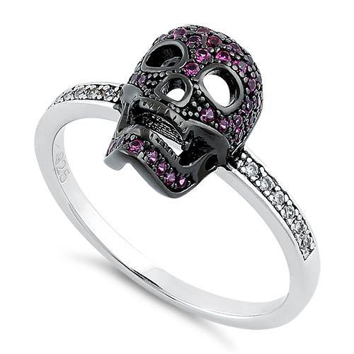 Sterling Silver Black Rhodium Two Tone Ruby CZ Skull Ring