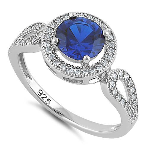 Sterling Silver Blue Saphire CZ Halo Engagement Infinity Band Ring
