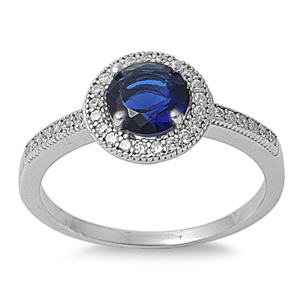 Sterling Silver Blue Saphire Round CZ Halo Engagement Ring