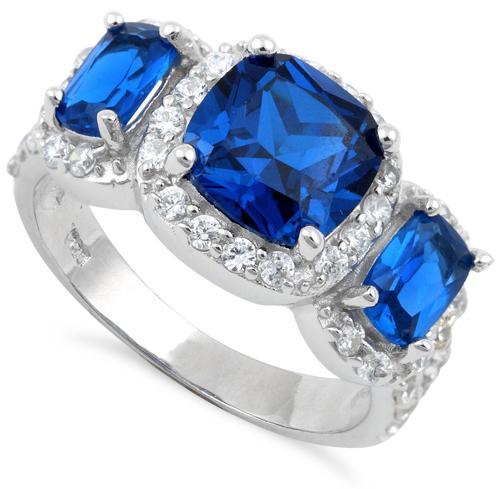 Sterling Silver Blue Saphire Three Stone Halo CZ Ring