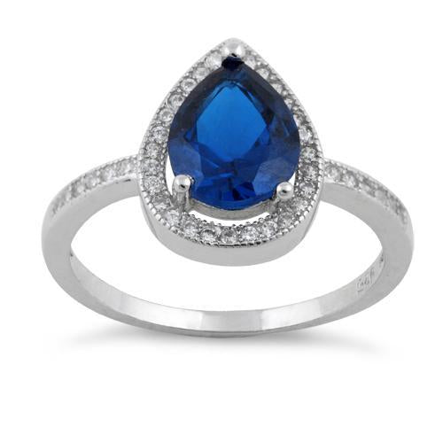 Sterling Silver Blue Saphire CZ Tear Drop Engagement Ring