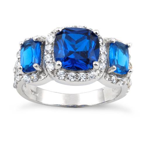 Sterling Silver Blue Saphire Three Stone Halo CZ Ring