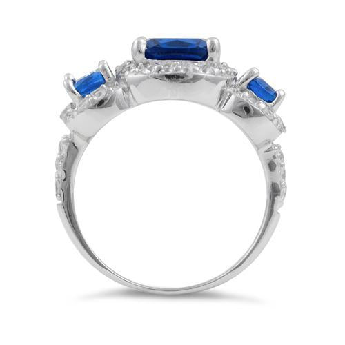 Sterling Silver Blue Saphire Three Stone Halo CZ Ring