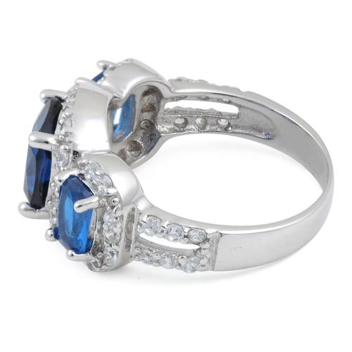 Sterling Silver Blue Saphire Three Stone Halo CZ Ring