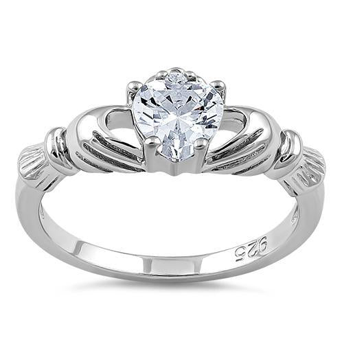 Sterling Silver Claddagh Clear Heart CZ Ring