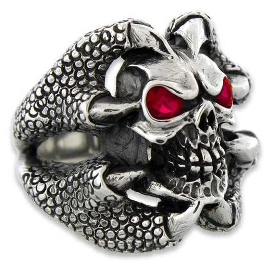 Sterling Silver Claw Holding Skull Ring with Red CZ Eyes