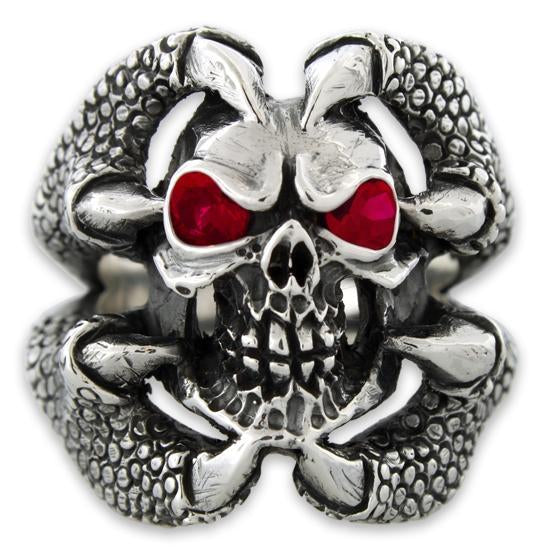 Sterling Silver Claw Holding Skull Ring with Red CZ Eyes