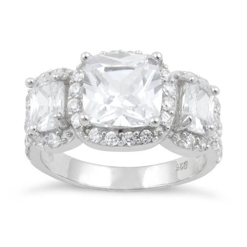 Sterling Silver Clear Three Stone Halo Engagement CZ Ring