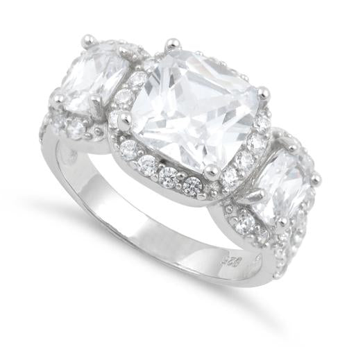 Sterling Silver Clear Three Stone Halo Engagement CZ Ring
