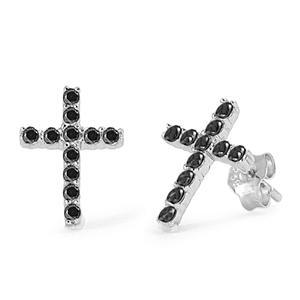 Sterling Silver Cross Black CZ Stud Earrings