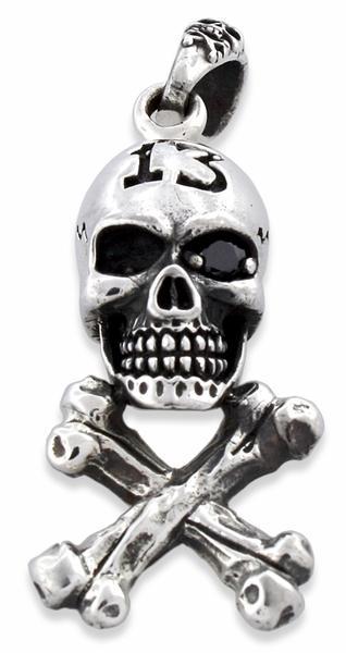 Sterling Silver Cross Bones Number 13 Skull Pendant
