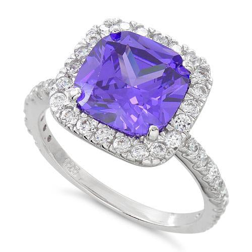 Sterling Silver Cushion Cut Amethyst CZ Ring