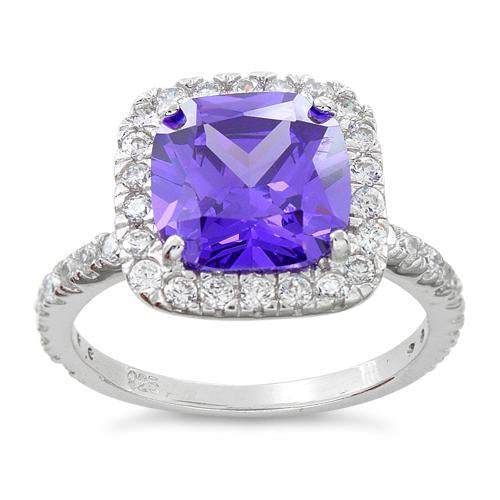 Sterling Silver Cushion Cut Amethyst CZ Ring