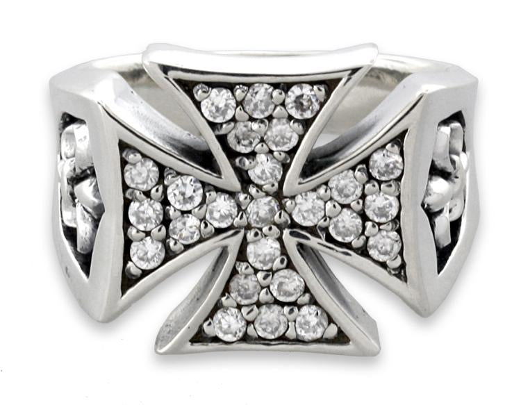 Sterling Silver CZ Iron Cross with Fleur de Lis Ring