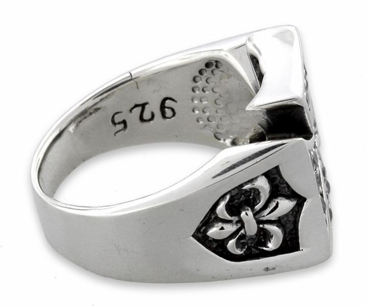 Sterling Silver CZ Iron Cross with Fleur de Lis Ring