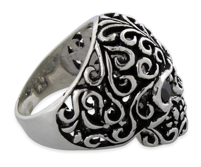 Sterling Silver Fleuron Skull Black CZ Eyes Ring