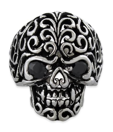 Sterling Silver Fleuron Skull Black CZ Eyes Ring