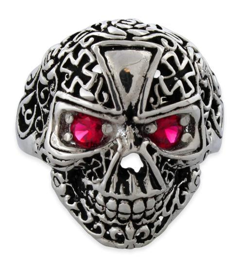 Sterling Silver Fleuron Skull Iron Cross Garnet CZ Eyes Ring