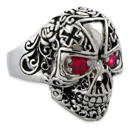 Sterling Silver Fleuron Skull Iron Cross Garnet CZ Eyes Ring