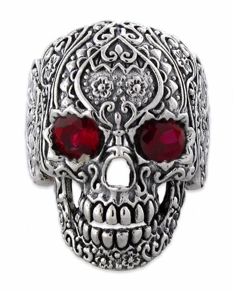 Sterling Silver Garden Skull Ring CZ Eyes