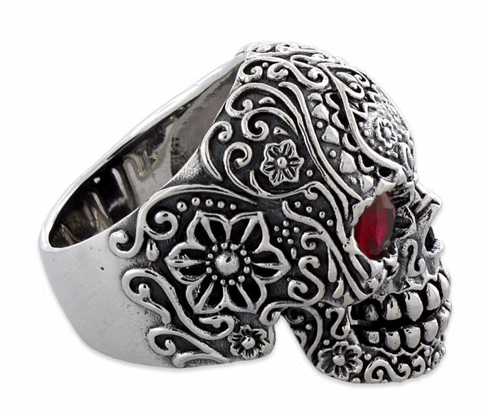 Sterling Silver Garden Skull Ring CZ Eyes