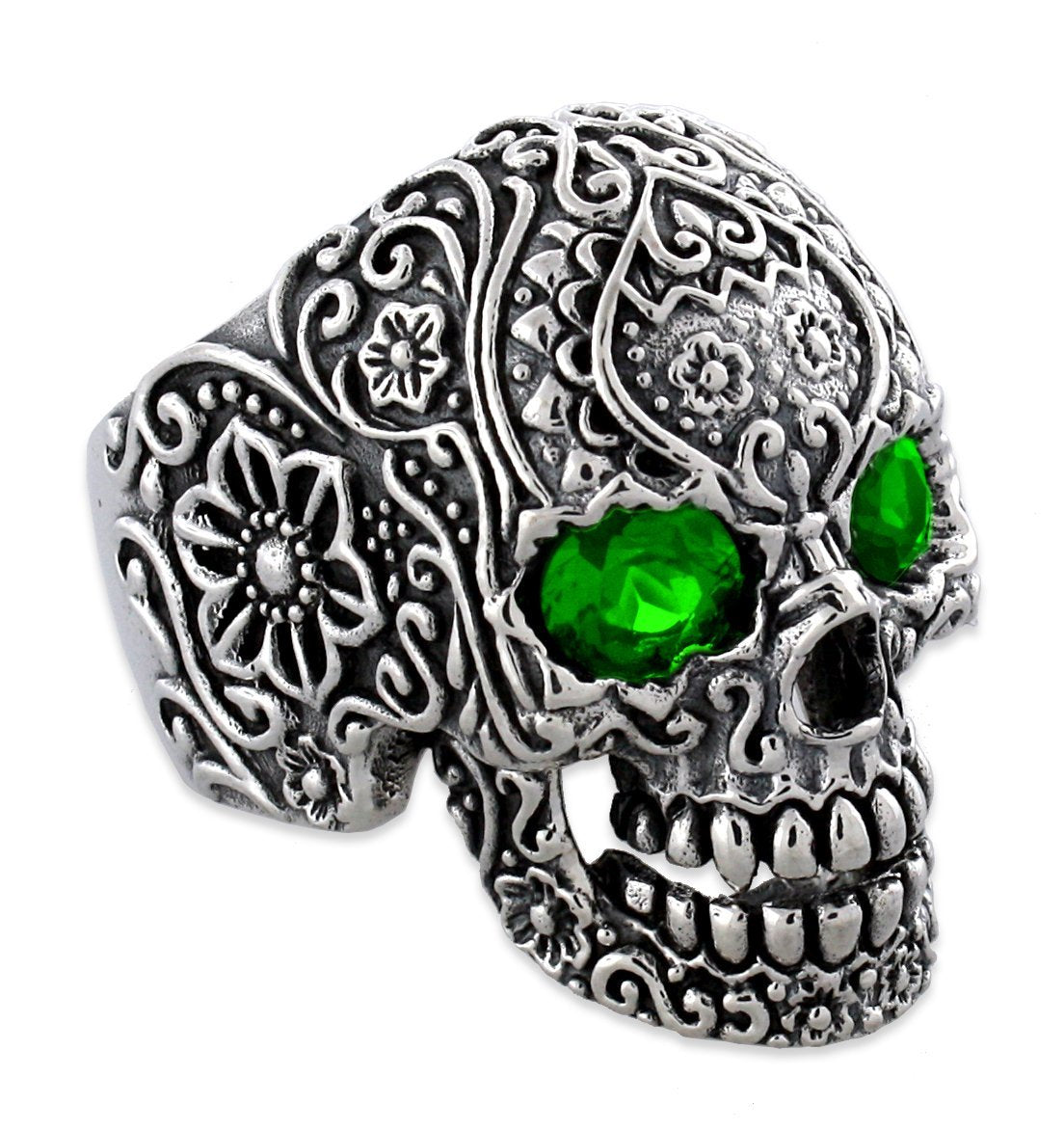 Sterling Silver Garden Skull Ring with CZ Emerald Eyes