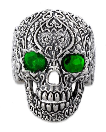Sterling Silver Garden Skull Ring with CZ Emerald Eyes