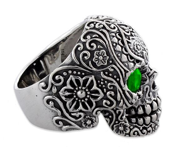Sterling Silver Garden Skull Ring with CZ Emerald Eyes