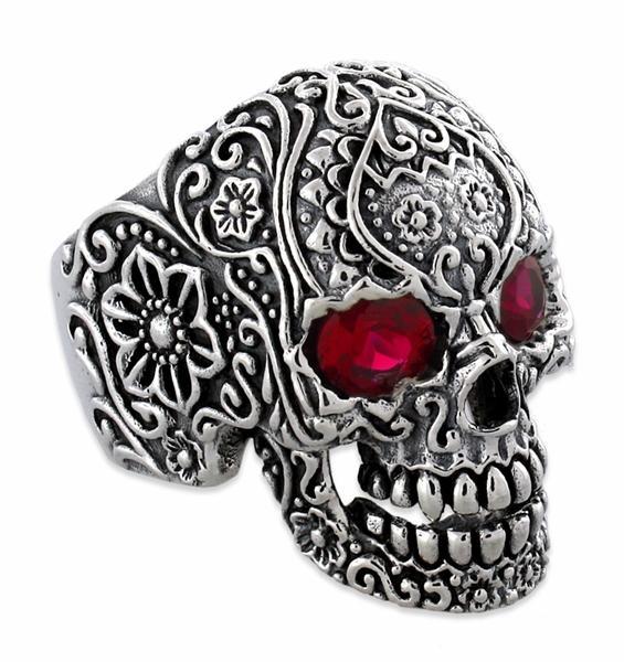 Sterling Silver Garden Skull Ring CZ Eyes
