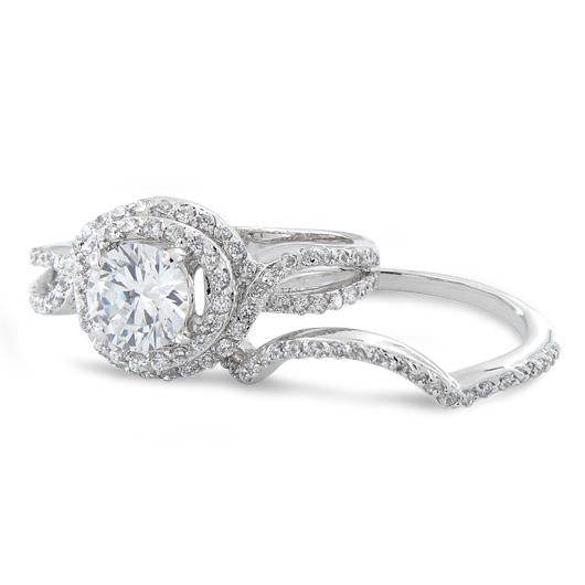 Sterling Silver Halo CZ Wedding Set Ring