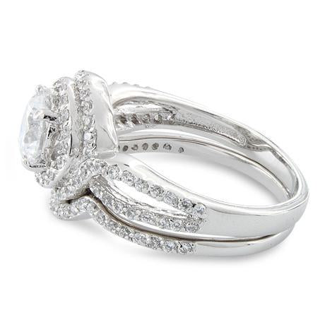 Sterling Silver Halo CZ Wedding Set Ring