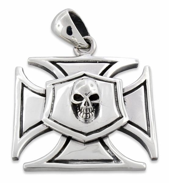 Sterling Silver Iron Cross Embossed Skull Pendant