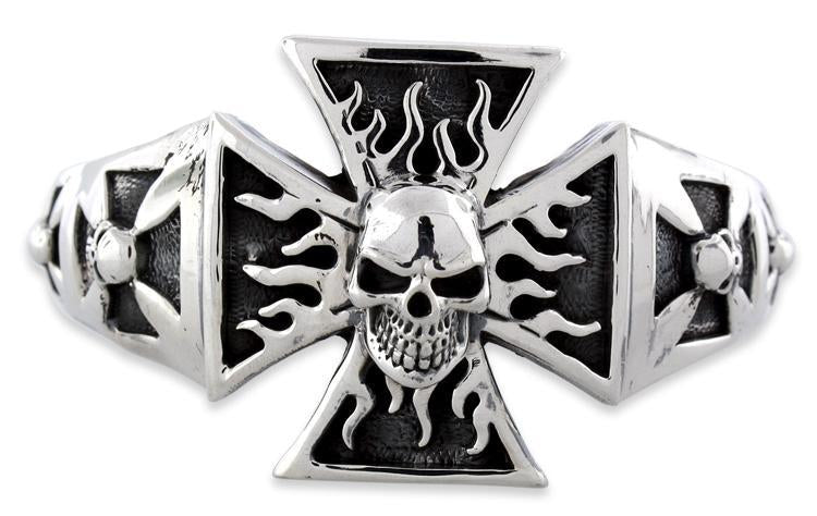Sterling Silver Iron Cross Flaming Skull Bangle Bracelet
