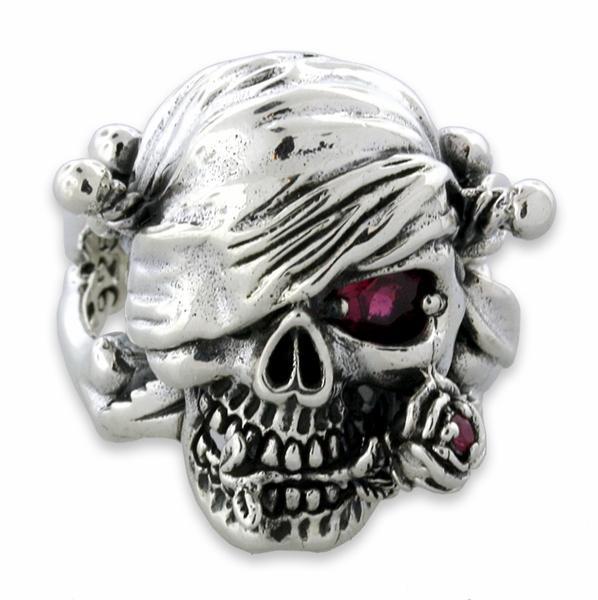 Sterling Silver One Eyed Skull with Rose Ring
