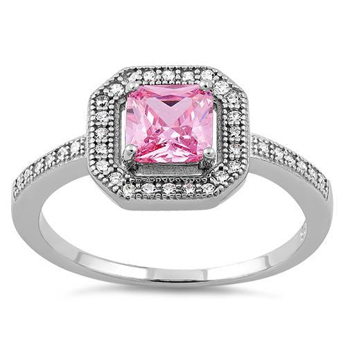 Sterling Silver Pink CZ Cushion Halo Engagement Ring