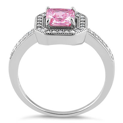 Sterling Silver Pink CZ Cushion Halo Engagement Ring