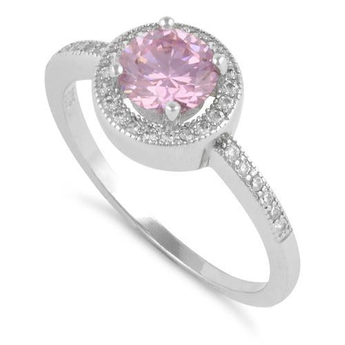 Sterling Silver Pink Round CZ Halo Engagement Ring