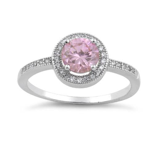 Sterling Silver Pink Round CZ Halo Engagement Ring