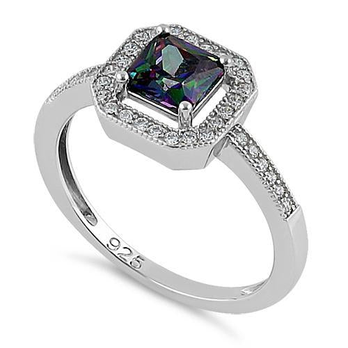 Sterling Silver Rainbow Topaz CZ Cushion Halo Engagement Ring