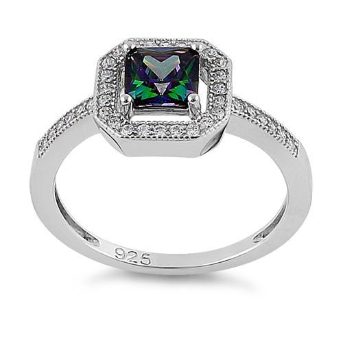 Sterling Silver Rainbow Topaz CZ Cushion Halo Engagement Ring