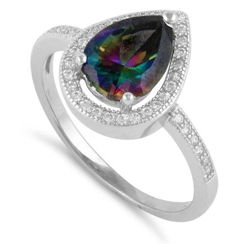 Sterling Silver Rainbow Topaz CZ Tear Drop Ring